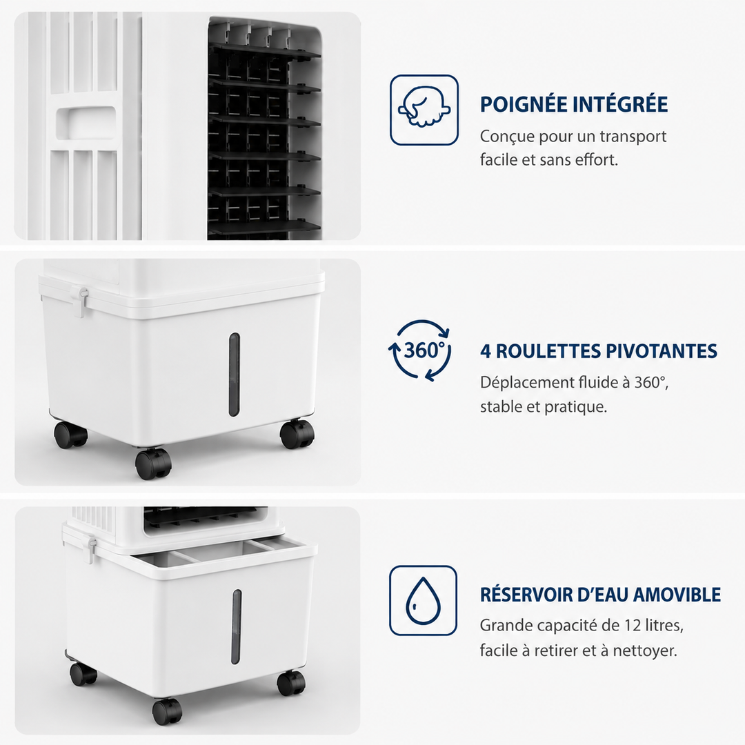 Diseño moderno de enfriador de aire portátil y plegable 12L. Comodidad y frescura recargable.