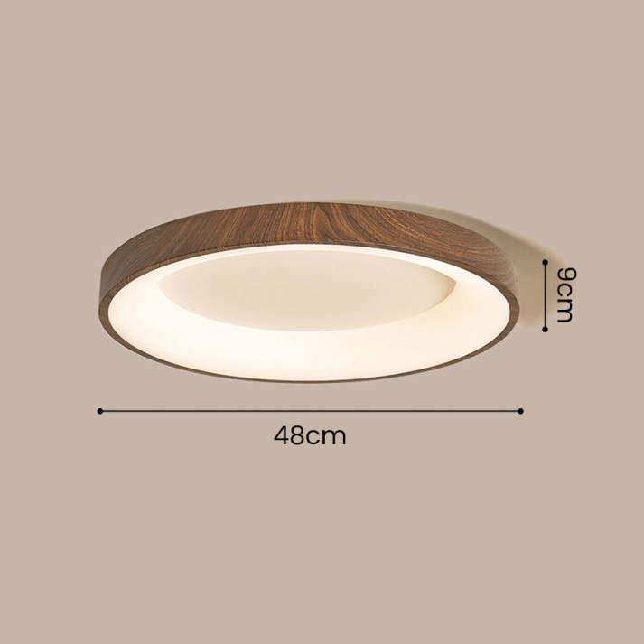Lámpara LED de techo circular de madera natural, plafón moderno para iluminación interior y ahorro energético.