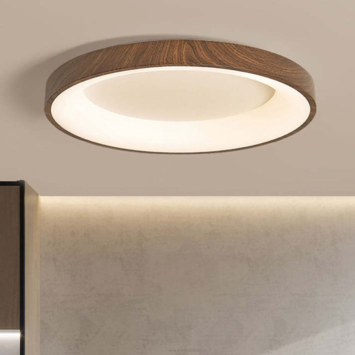 Lámpara de techo LED circular de madera natural, ideal para iluminación moderna y eficiente del hogar.