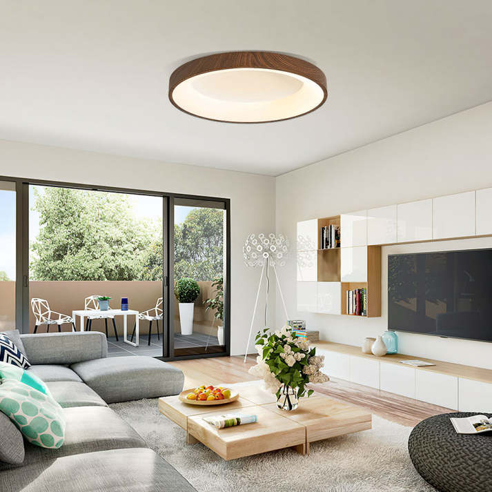Plafón LED redondo de madera nogal, diseño contemporáneo. Iluminación decorativa para cualquier interior.