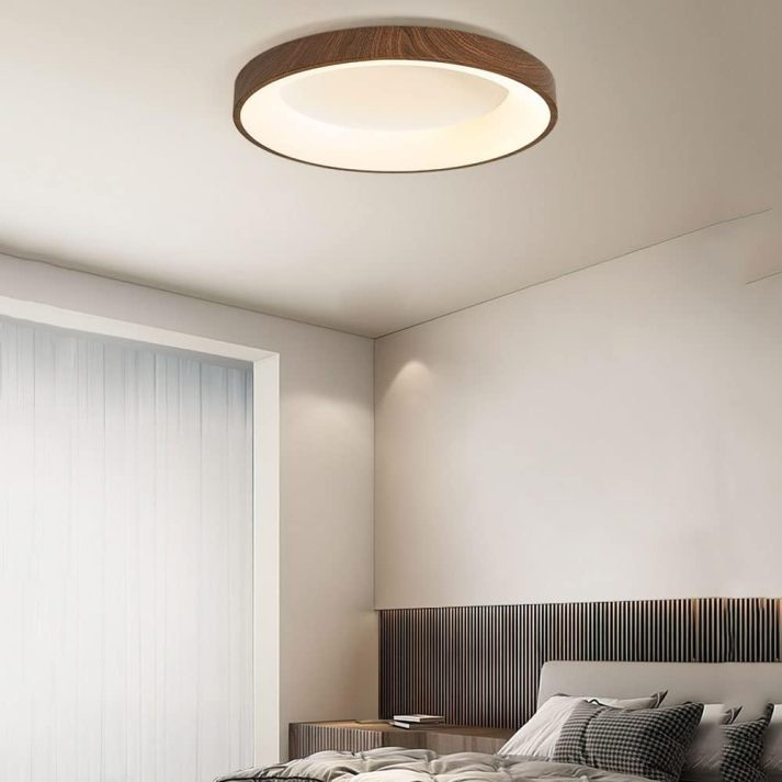 Iluminación LED regulable con plafón circular de madera para techo, perfecto para decoración interior.