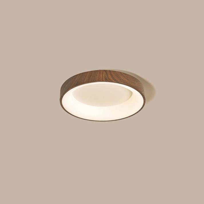 Lámpara de techo LED con marco circular de madera natural, ideal para iluminación decorativa y funcional.