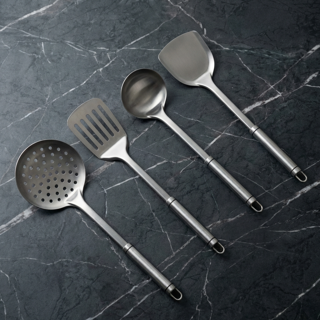 Juego de 4 utensilios de cocina de titanio profesional 35cm. Incluye espátula, cucharón y cuchara. Duraderos, antióxido.