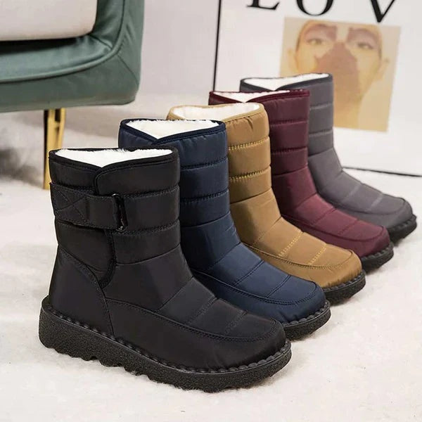 Botas cálidas e impermeables para mujer, diseño plano, cierre de velcro, ideales para invierno, nieve y confort.