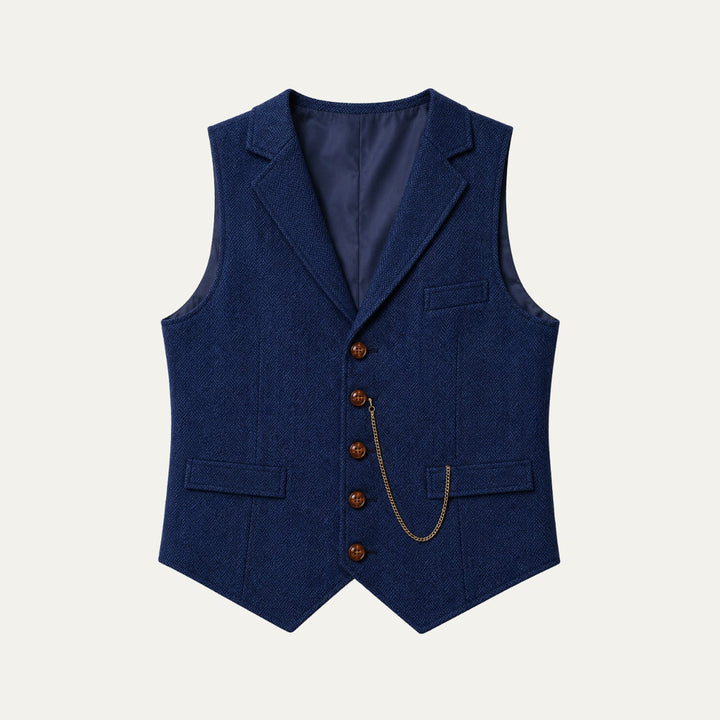 Chaleco de tweed entallado para hombre con patrón de espiga. Elegante y moderno.