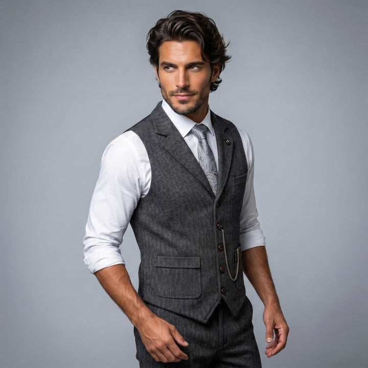 Chaleco elegante de tweed con solapa para hombre, patrón de espiga. Estilo caballero moderno.