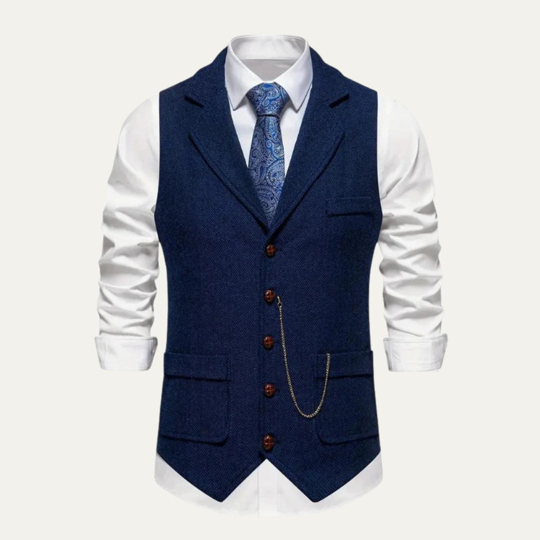 Chaleco de tweed de espiga para caballero, corte ajustado y solapa.
