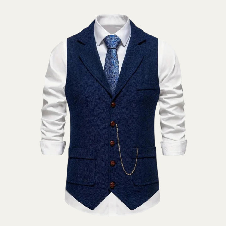 Chaleco de tweed de espiga para caballero, corte ajustado y solapa.