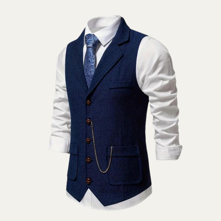 Chaleco formal de tweed entallado para hombre, ideal para vestimenta elegante.