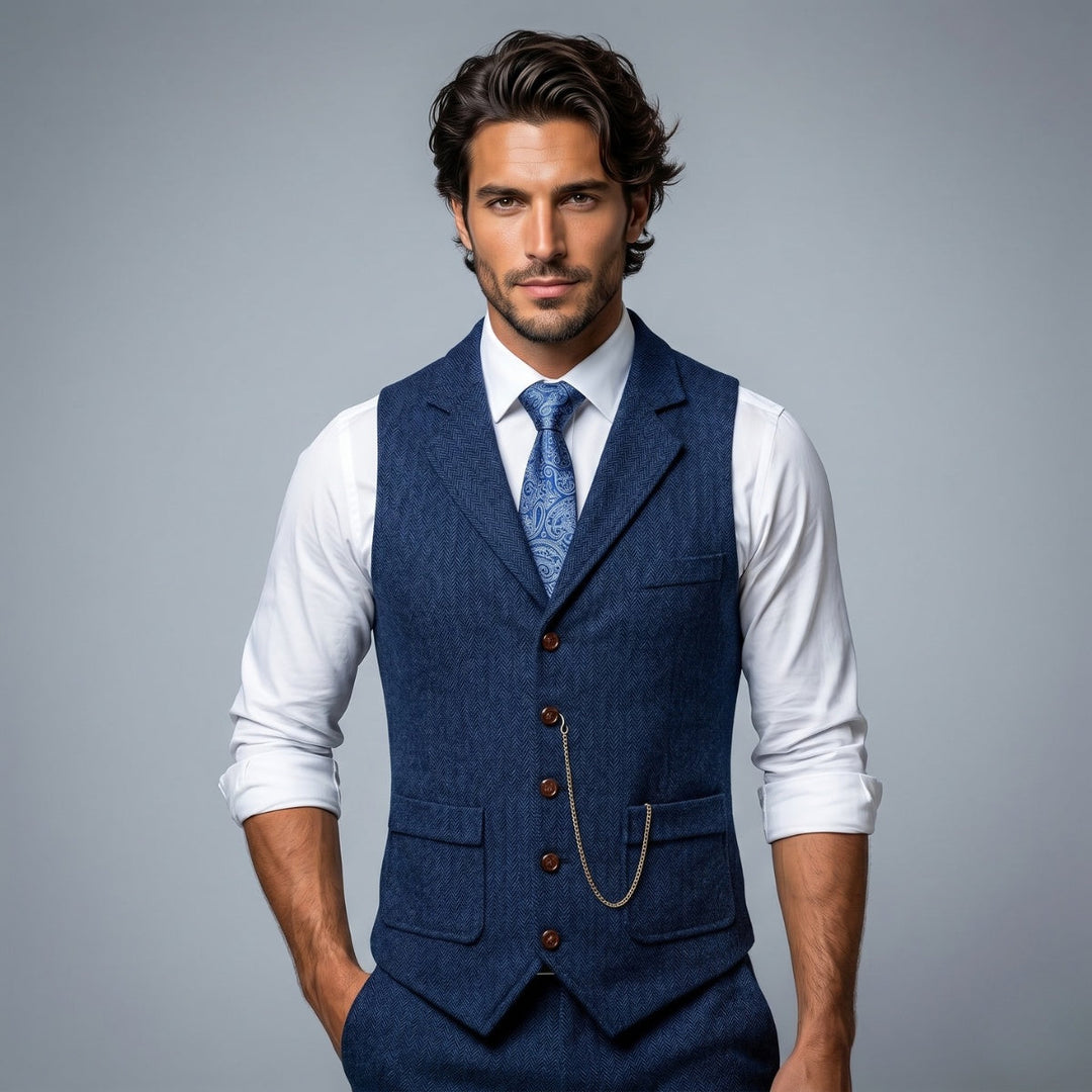 Chaleco casual de tweed con patrón de espiga, perfecto para un look sofisticado.