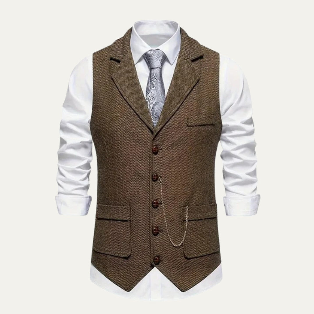Chaleco de caballero de tweed con solapa, corte entallado y diseño de espiga.