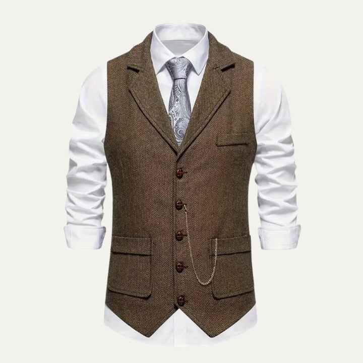 Chaleco de caballero de tweed con solapa, corte entallado y diseño de espiga.