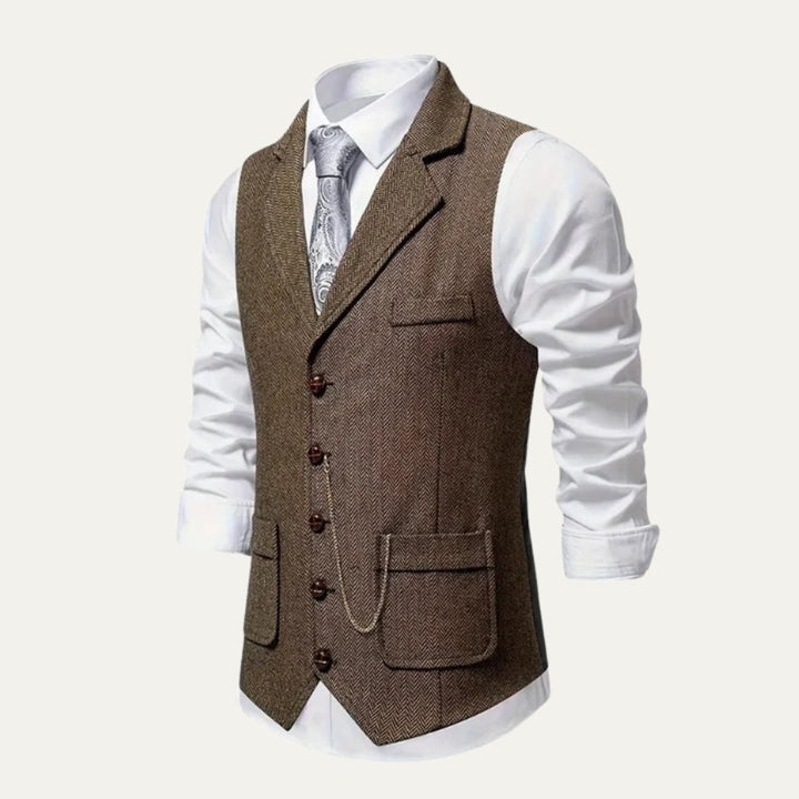 Chaleco de tweed de espiga para hombre, con solapa y estilo elegante.