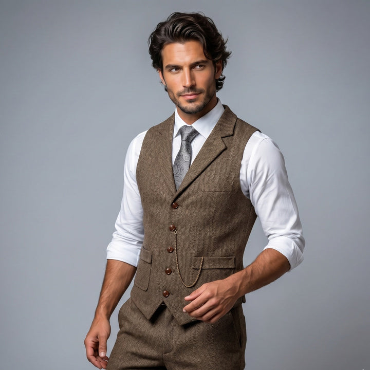 Chaleco entallado de tweed para hombre, con patrón de espiga. Versátil para formal o casual.