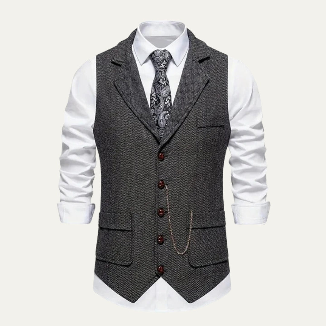 Chaleco de tweed de espiga, material de alta calidad, corte ajustado y elegante para hombre.