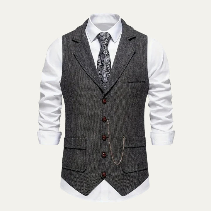 Chaleco de tweed de espiga, material de alta calidad, corte ajustado y elegante para hombre.