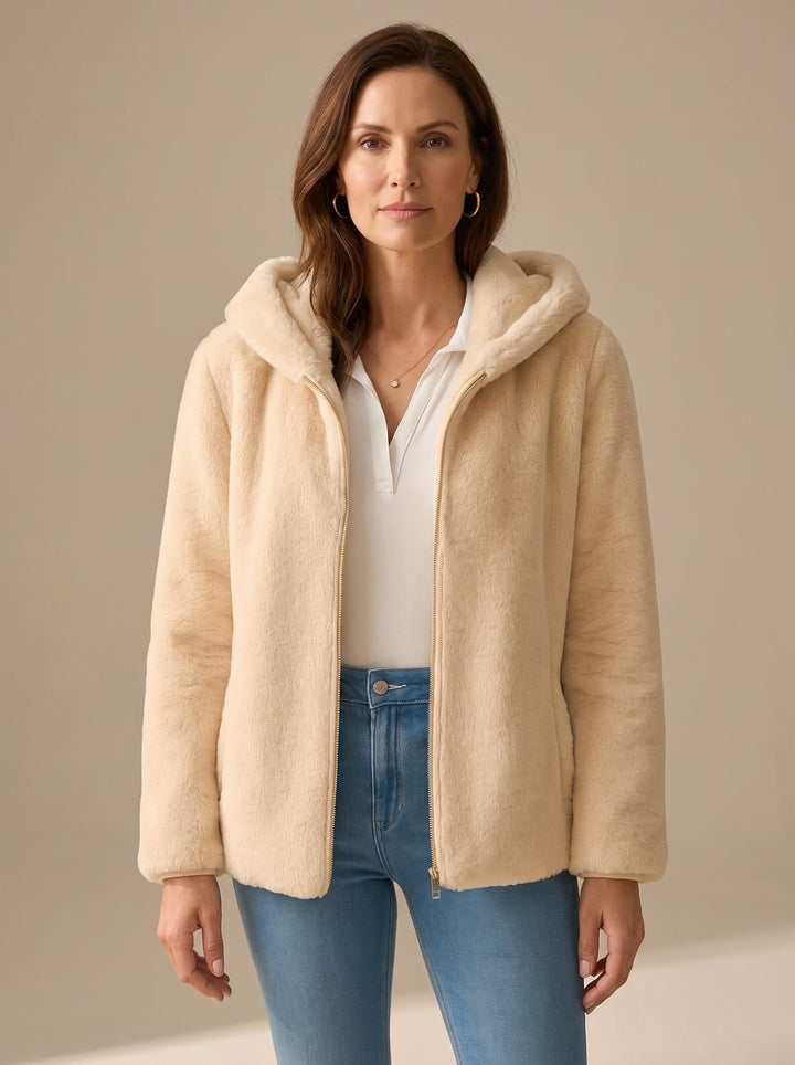 Abrigo teddy mujer cálido con capucha de pelo sintético, ideal para invierno casual y moda oversize.