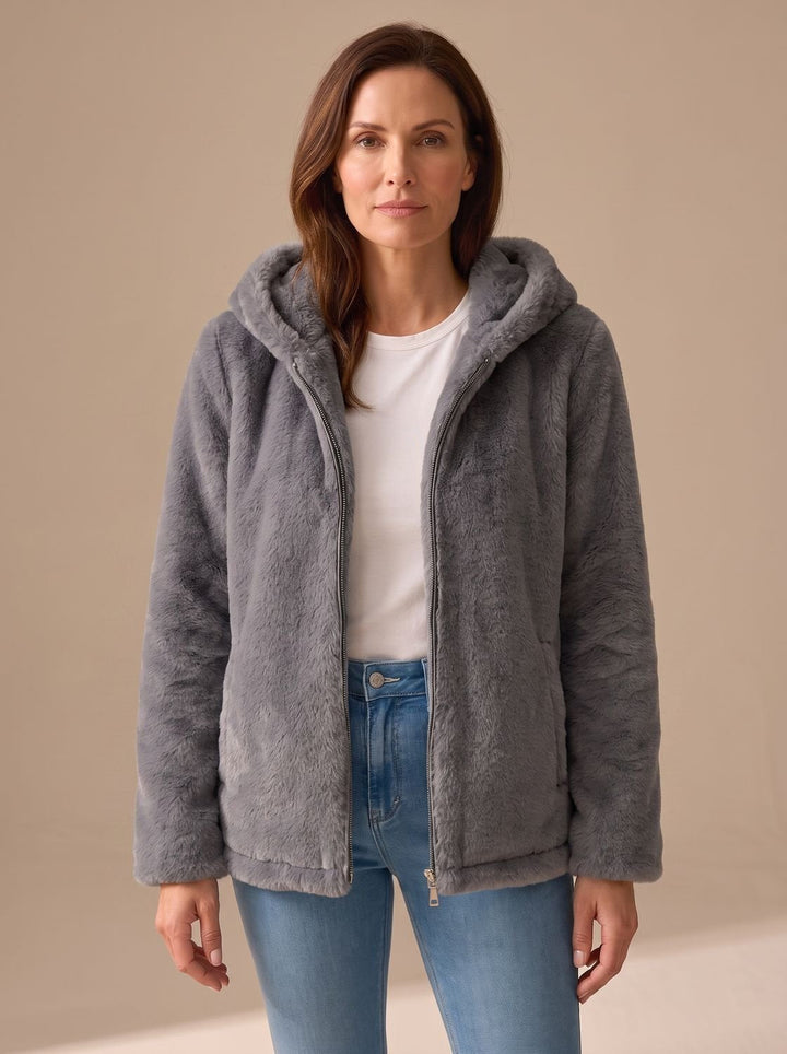 Abrigo de invierno teddy para mujer, cálido y oversize, con cremallera y capucha de pelo sintético.