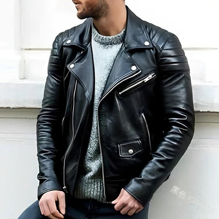 Chaqueta cuero motera genuina para hombre, estilo rebelde. Ideal para otoño/invierno, moda masculina.