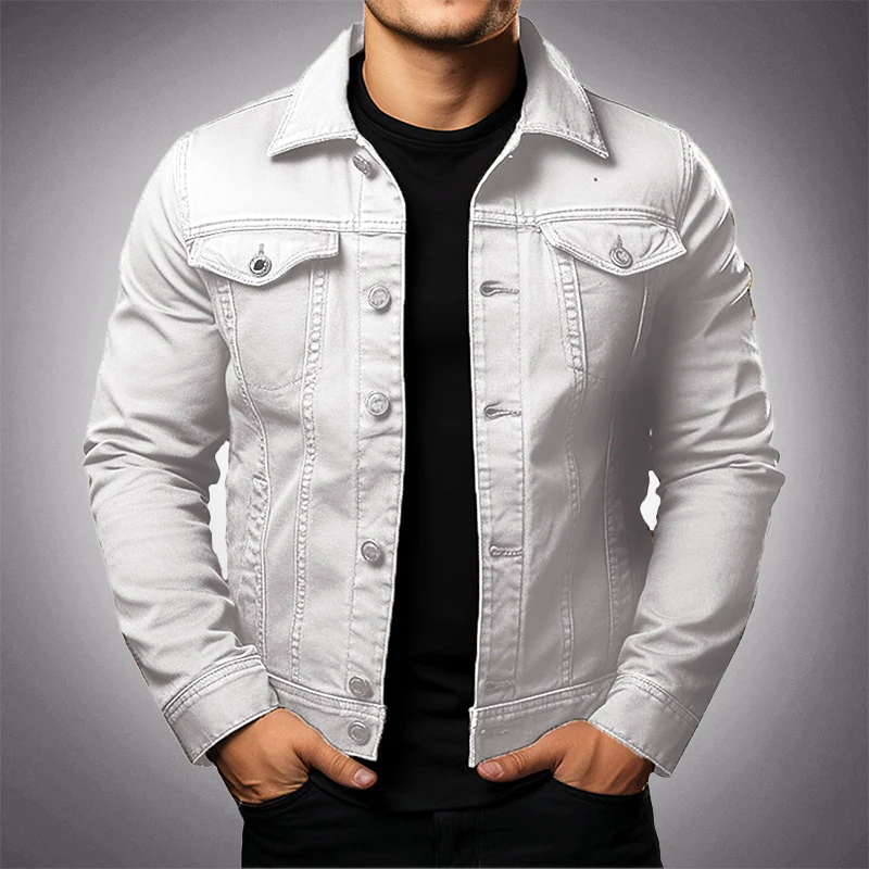 Chaqueta vaquera hombre, cuello polo. Ropa casual versátil, perfecta para primavera/otoño en blanco.