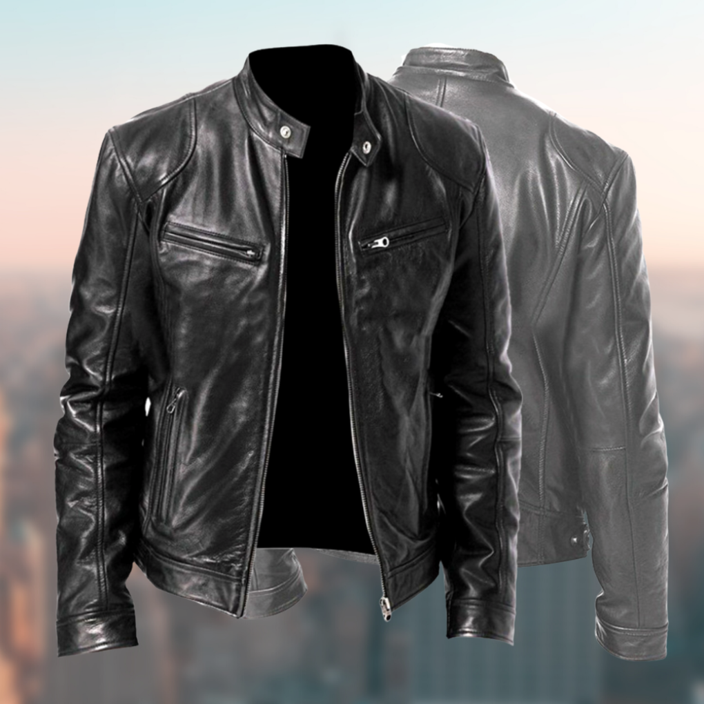 Primer plano de cremallera en chaqueta de cuero Cafe Racer de hombre, estilo moderno y duradero.