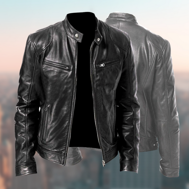 Primer plano de cremallera en chaqueta de cuero Cafe Racer de hombre, estilo moderno y duradero.