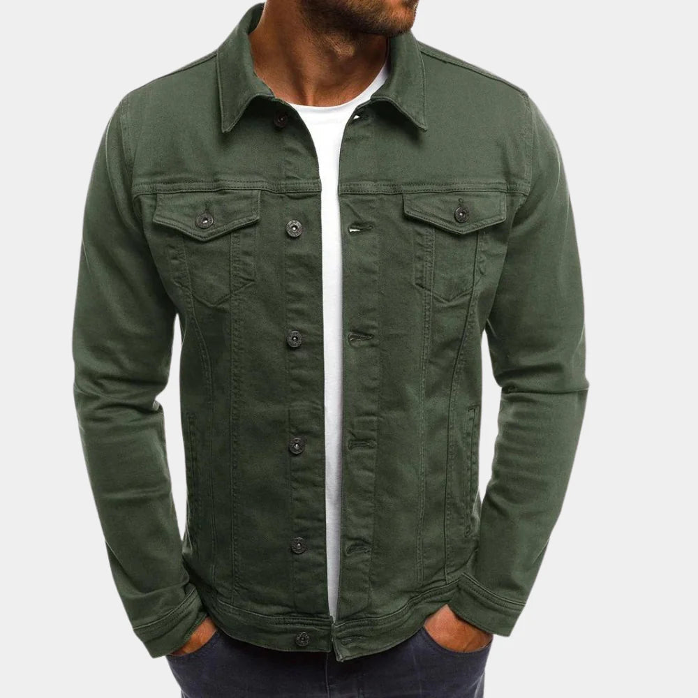 Chaqueta vaquera trucker verde de hombre, abrigo casual para exterior.