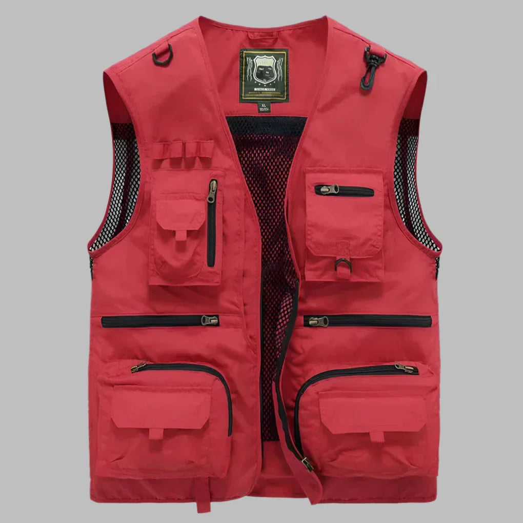 Chaleco multibolsillos de hombre, ideal para senderismo, pesca y aventura. Ropa exterior utilitaria y cómoda.