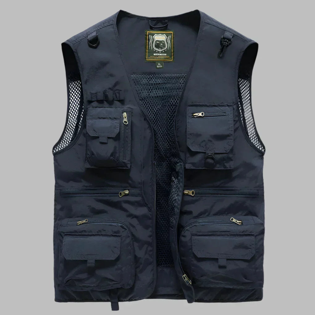 Chaleco multibolsillos para hombre, perfecto para actividades al aire libre como senderismo, pesca y camping.