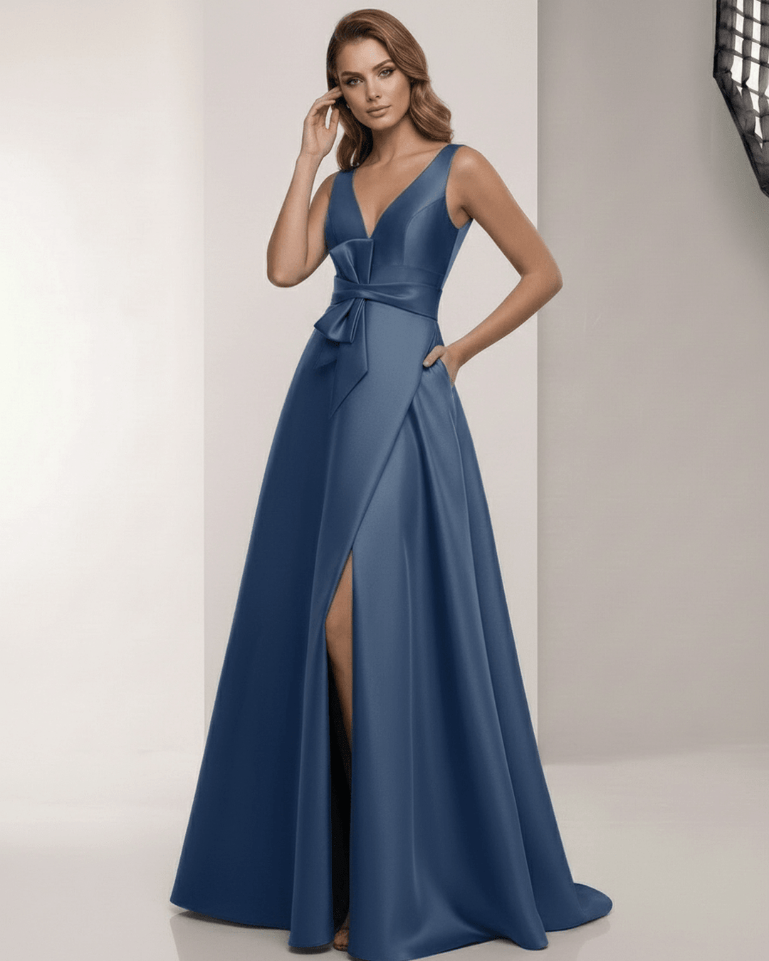 Vestido de noche azul marino sin mangas, ideal para invitadas de boda y ocasiones especiales. Estilo maxi.