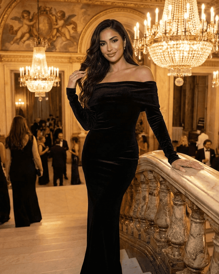 Vestido negro maxi ajustado para mujer, estilo noche. Perfecto para fiestas, elegante y sofisticado. Moda.