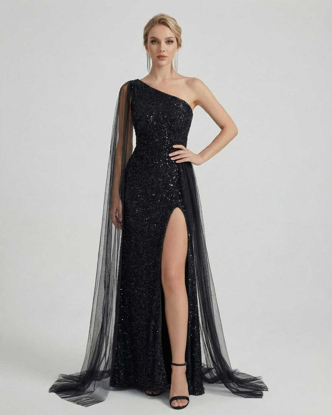 Vestido maxi de noche para mujer con lentejuelas brillantes y diseño de hombro único. Elegancia y moda.