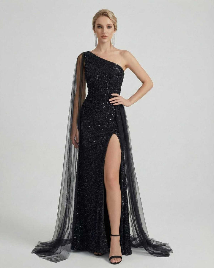 Vestido maxi de noche para mujer con lentejuelas brillantes y diseño de hombro único. Elegancia y moda.