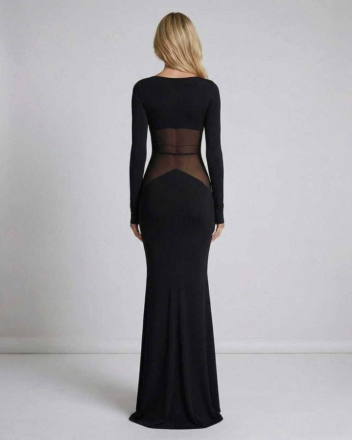 Vestido de noche maxi negro para mujer. Elegante diseño formal con malla transparente y manga larga. Perfecto para fiesta.