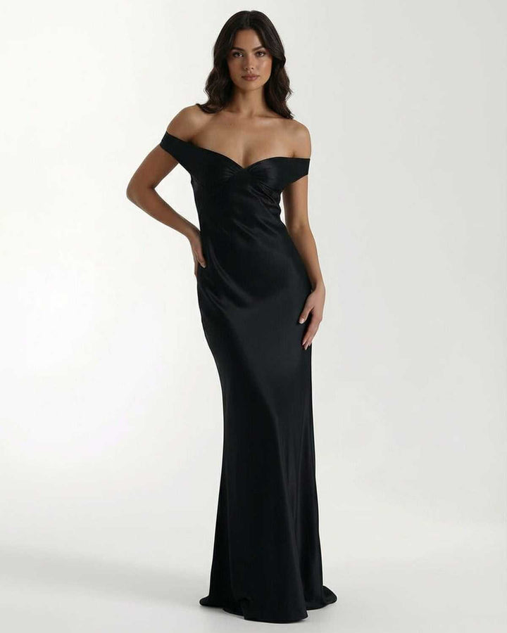 Vestido de fiesta negro maxi, elegante y formal, con diseño de hombros descubiertos para mujer.