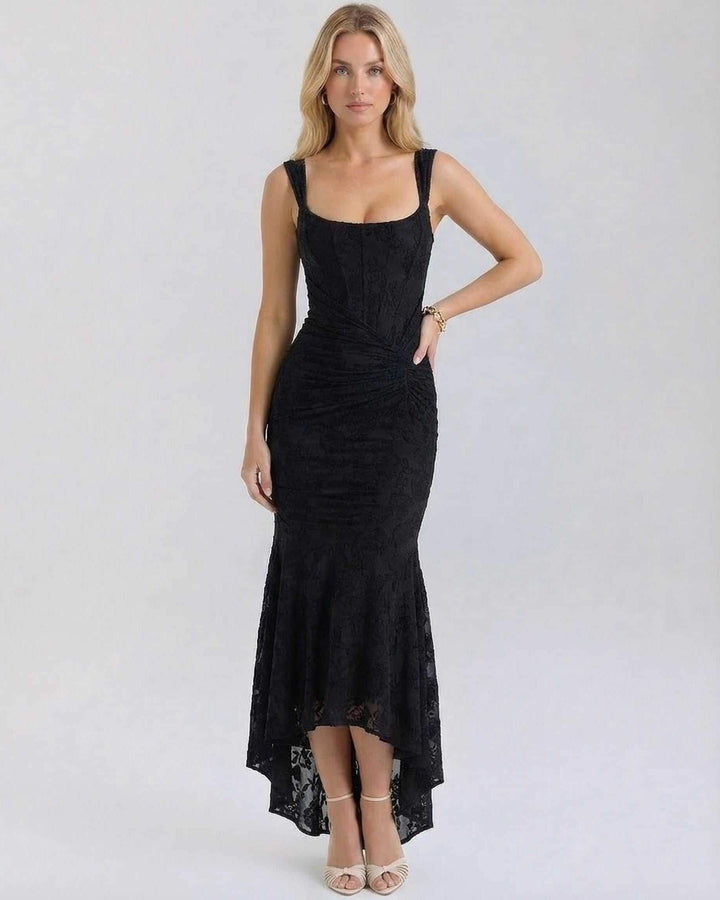 Vestido maxi negro elegante jacquard para mujer, cuello cuadrado, dobladillo cola de pez, ideal noche.