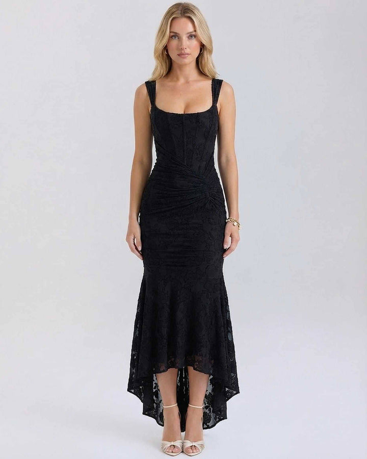 Vestido maxi negro jacquard para mujer, elegante y sofisticado, ideal para noche, fiesta o eventos.