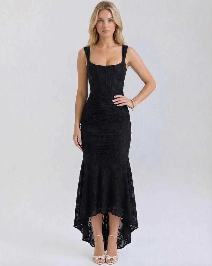 Elegante vestido maxi negro jacquard para fiesta, cóctel o eventos especiales. Diseño sin mangas.
