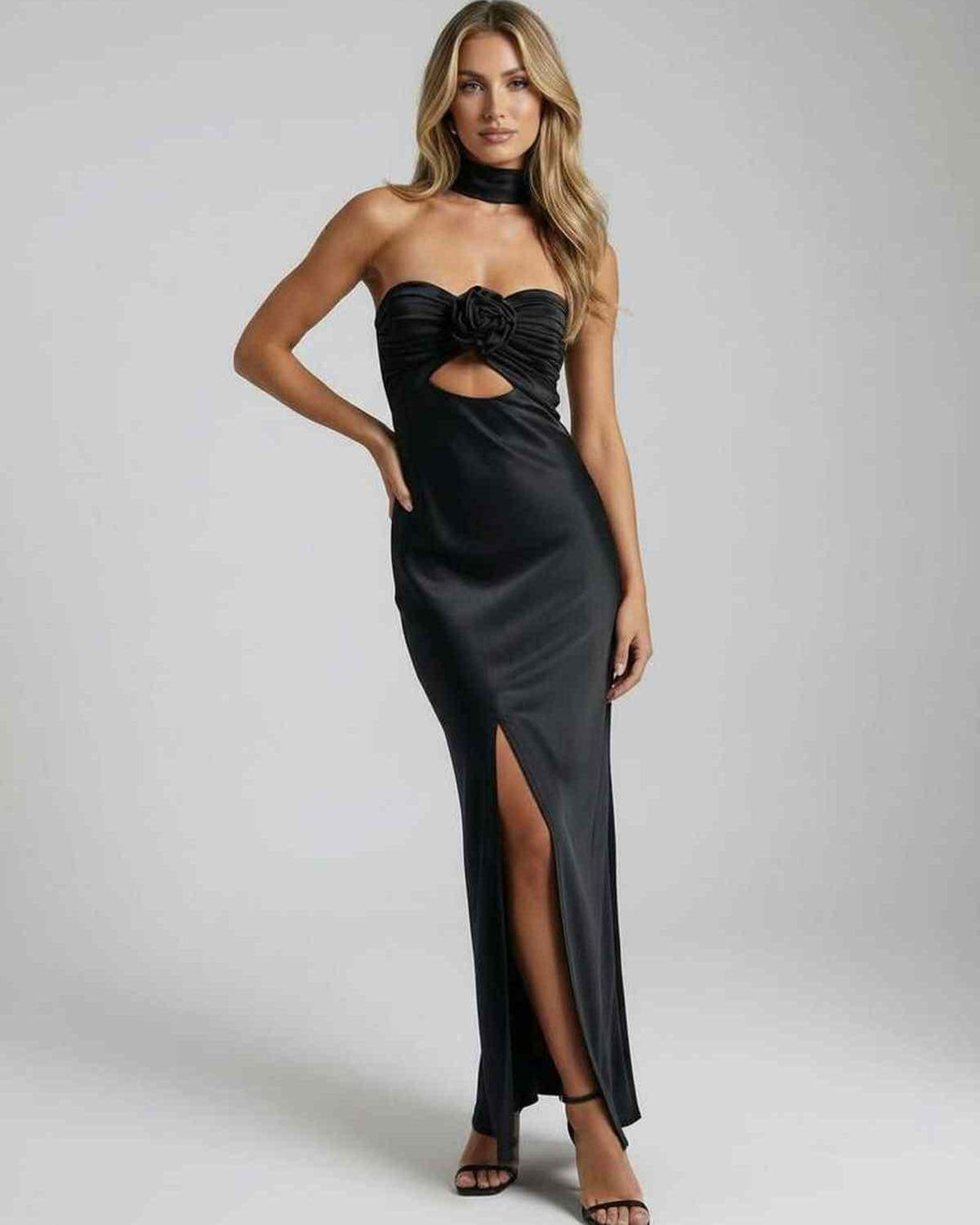 Vestido formal negro para mujer, maxi, sin tirantes, elegante, ideal para ropa de fiesta y eventos.