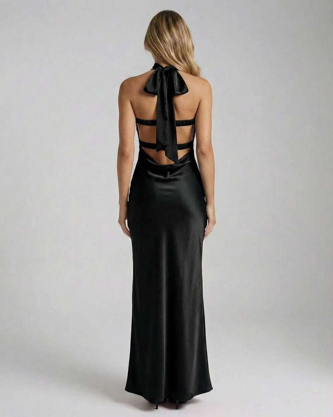 Vestido maxi negro de noche para mujer, elegante, sin tirantes, silueta A, ideal para fiestas.