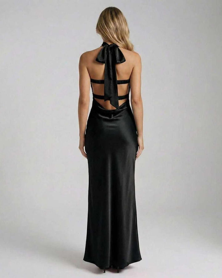 Vestido maxi negro de noche para mujer, elegante, sin tirantes, silueta A, ideal para fiestas.