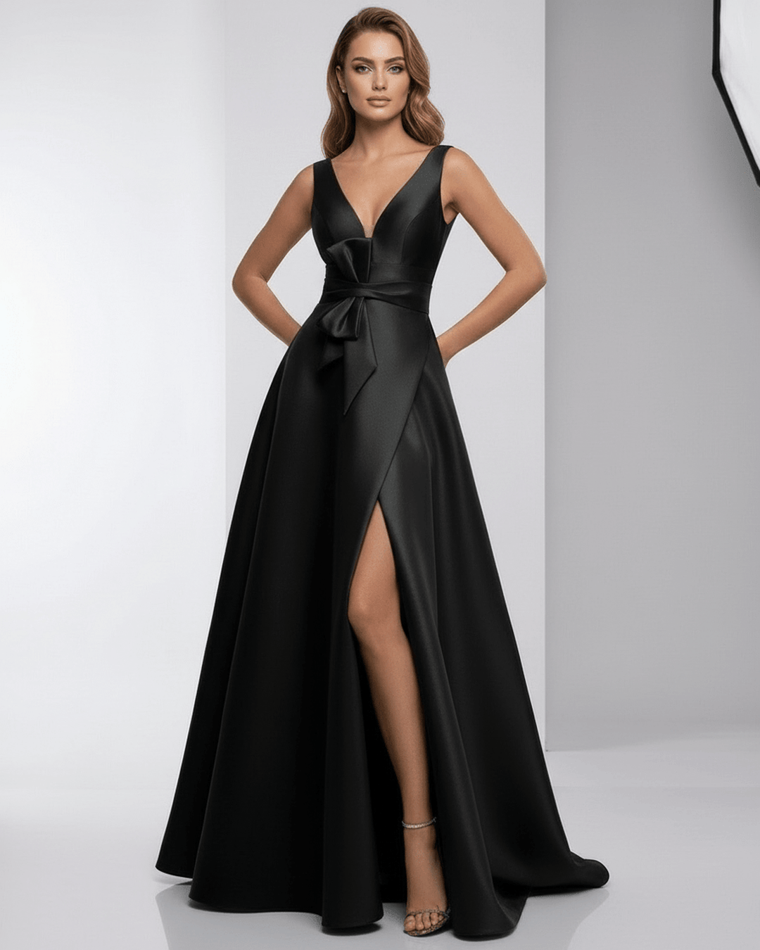 Largo vestido negro de gala para mujer, estilo maxi. Ideal para invitadas de boda y eventos especiales.