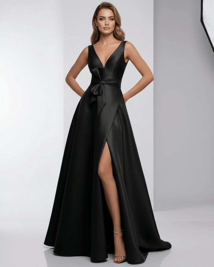 Largo vestido negro de gala para mujer, estilo maxi. Ideal para invitadas de boda y eventos especiales.