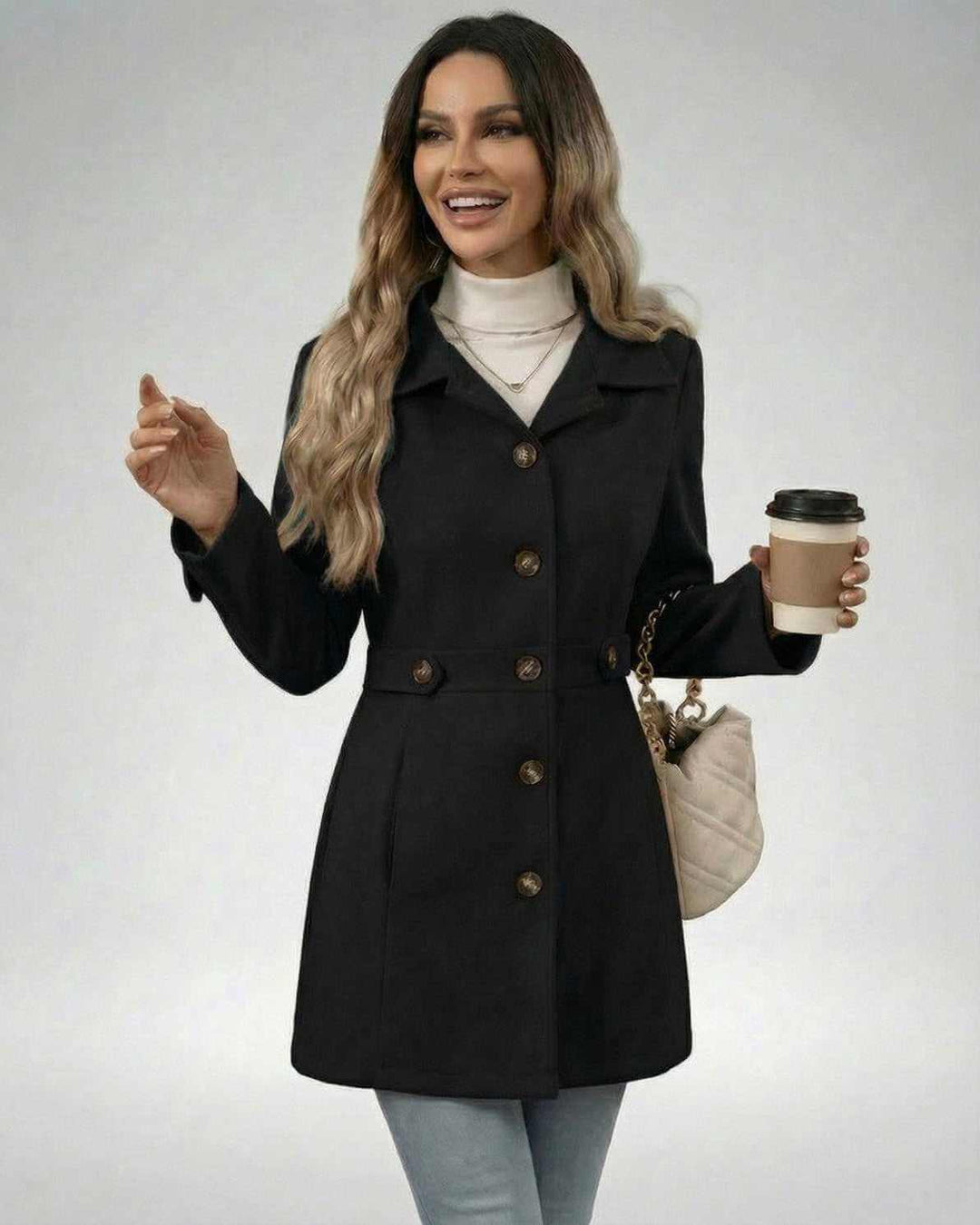 Mujer luciendo chaqueta entallada negra, combinada con ropa de oficina. Estilo formal y sofisticado.