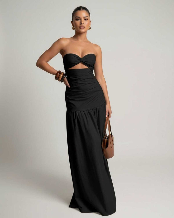 Vestido maxi negro de mujer, elegante y versátil. Con tirantes, cintura alta, ideal para noche o eventos especiales.