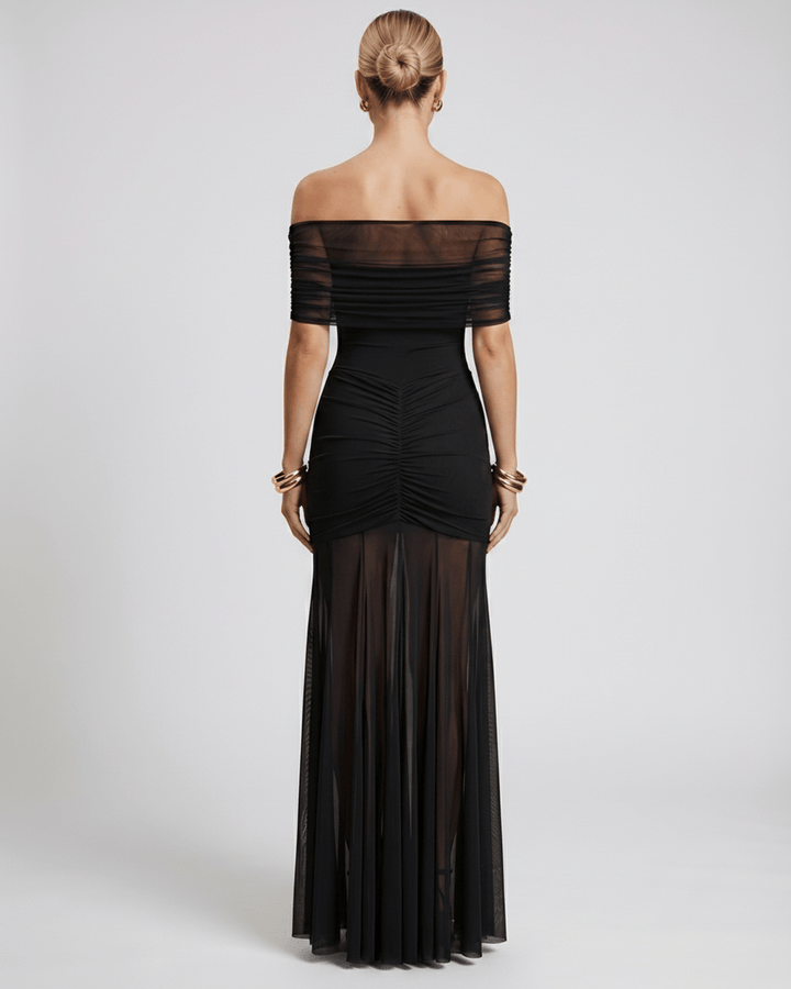 Vestido maxi off-shoulder para mujer, ideal para ceremonias y ocasiones formales.