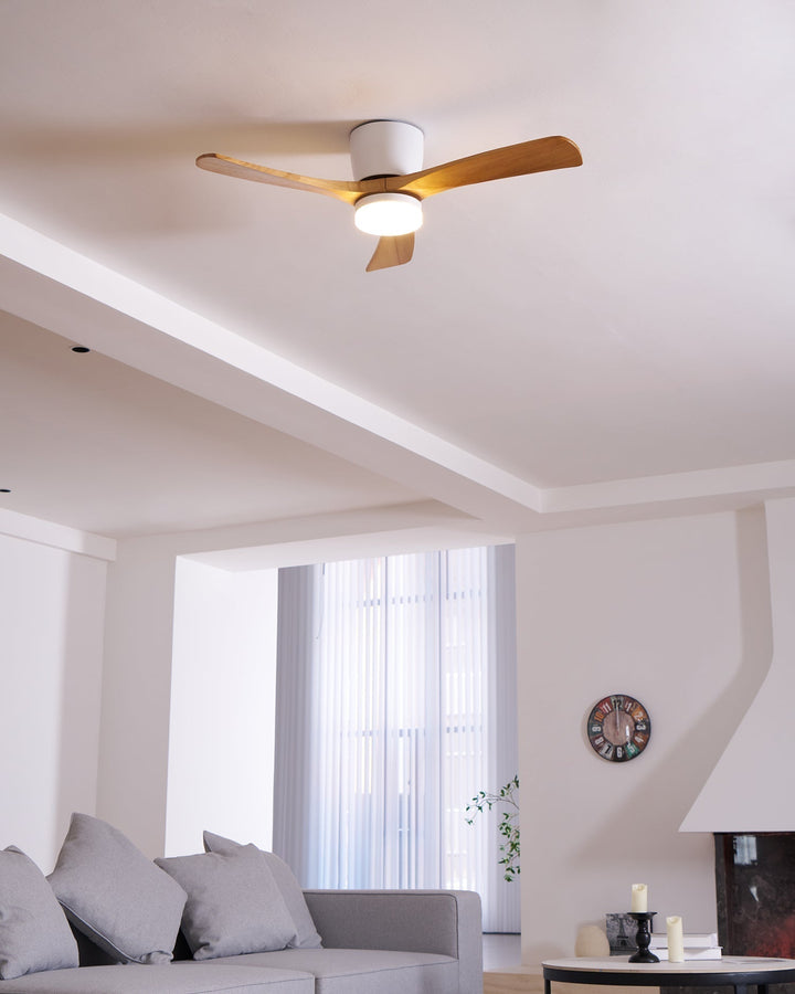 Aspas de madera para ventilador de techo nórdico moderno con luz LED y control silencioso.