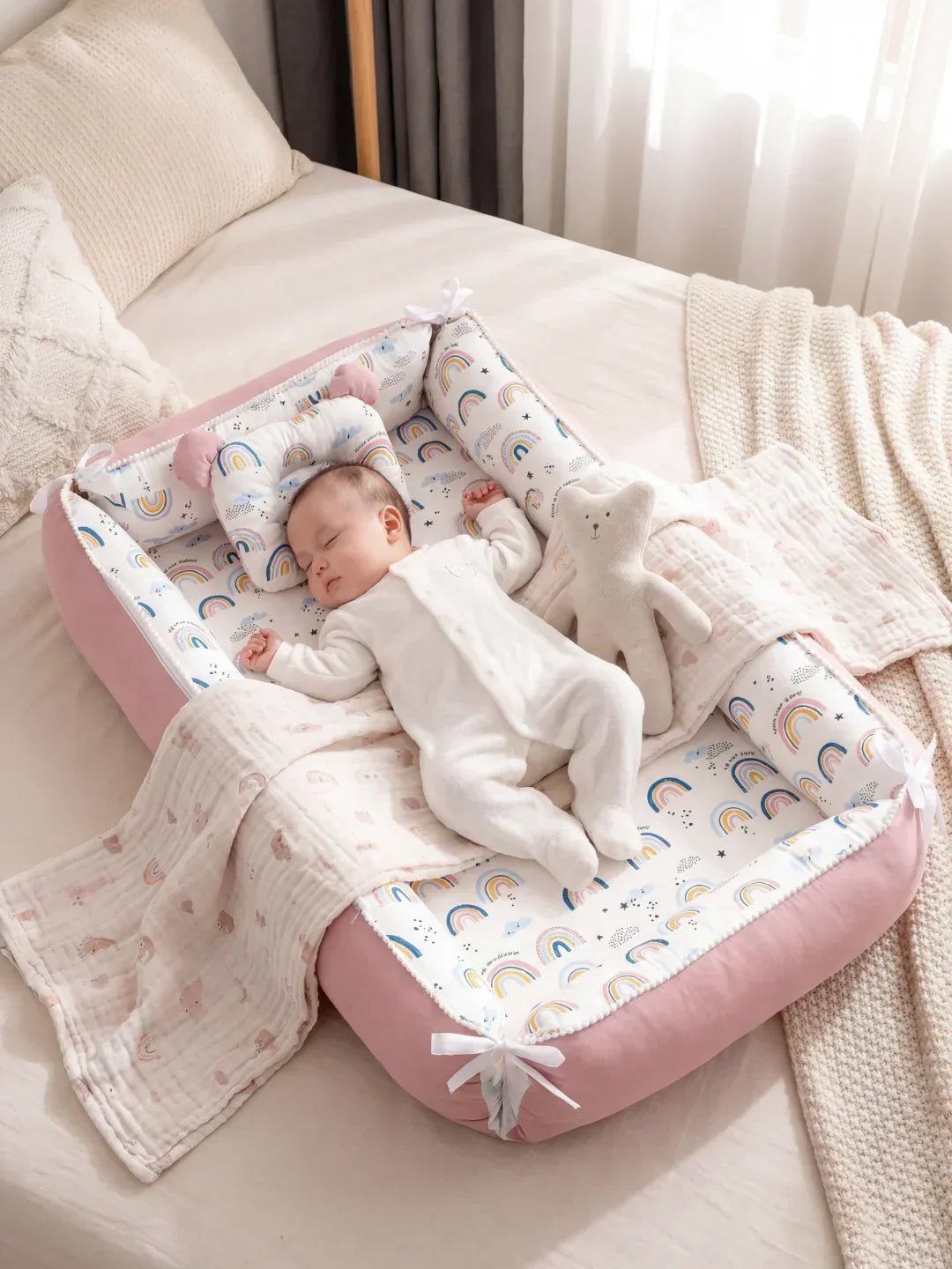 Confort y soporte para recién nacidos con Nido Bebé extralargo, cojín cervical de algodón natural.