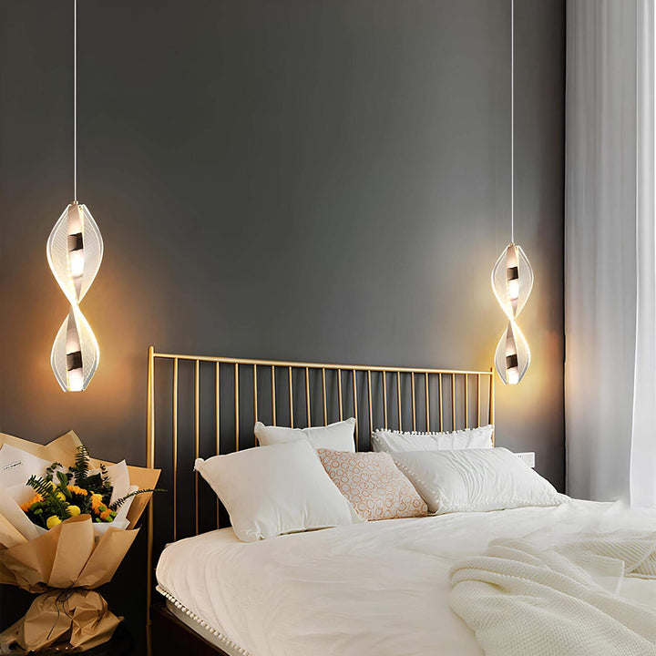 Lámpara colgante LED espiral moderna, iluminación interior elegante. Diseño de acrílico minimalista para hogar u oficina.