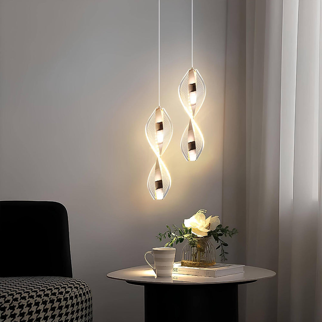 Iluminación LED colgante espiral moderna para salón. Diseño minimalista de acrílico, luz decorativa para ahorro energía.